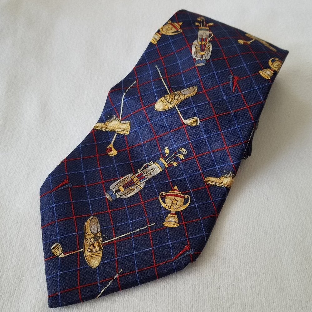 Vintage TOMMY HILFIGER Golf Necktie Red Blue Men's 100% Silk Tie